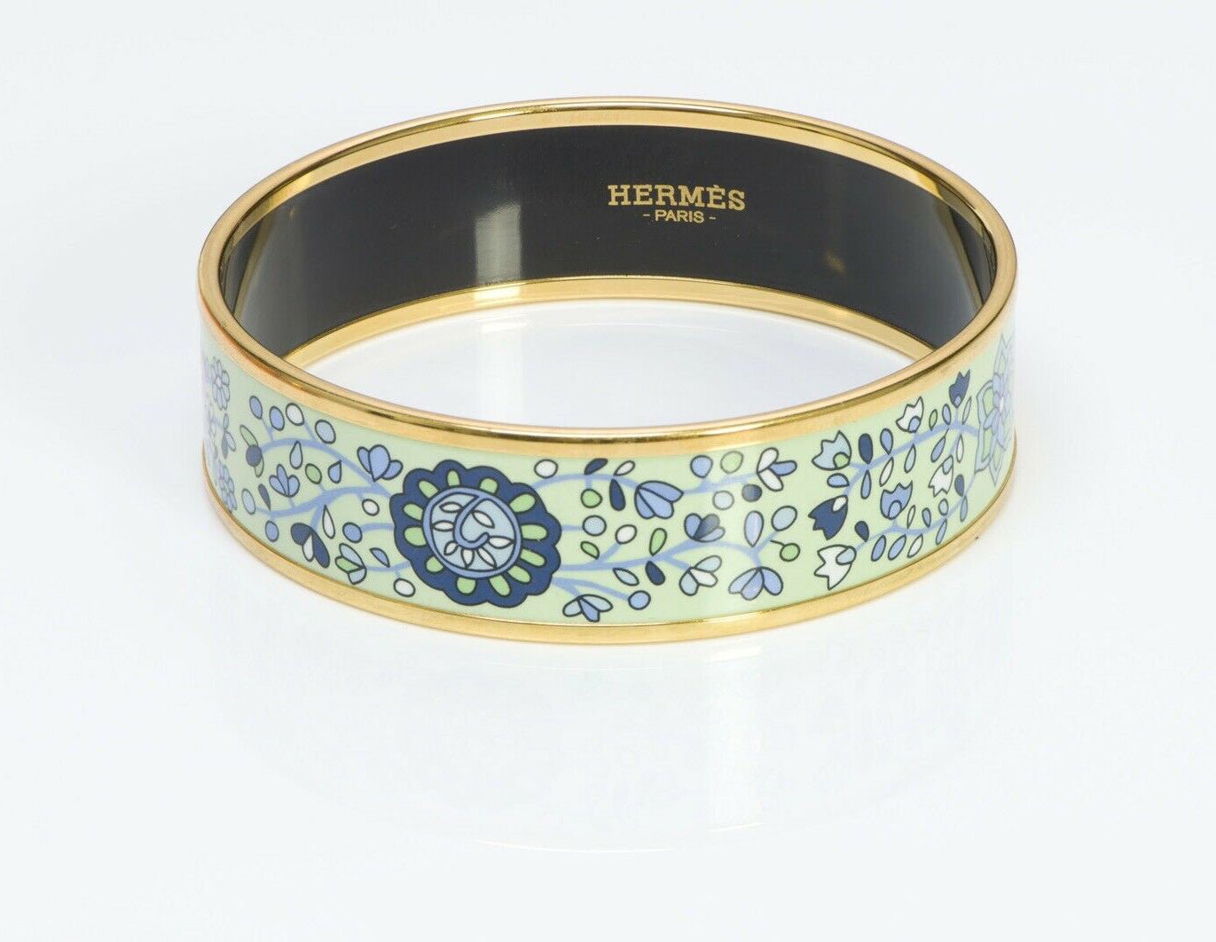 HERMES Wide Green Blue Flower Enamel Bangle Bracelet