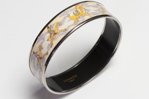 HERMES Wide Palladium Plated Yellow Enamel Equestrian Horse Bangle Bracelet