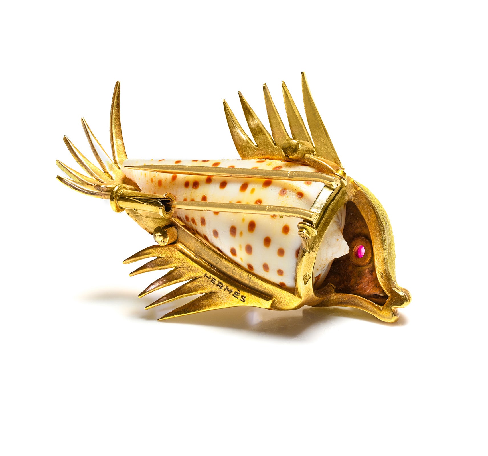 Hermès 18K Gold Ruby Junonia Shell Fish Brooch vtg