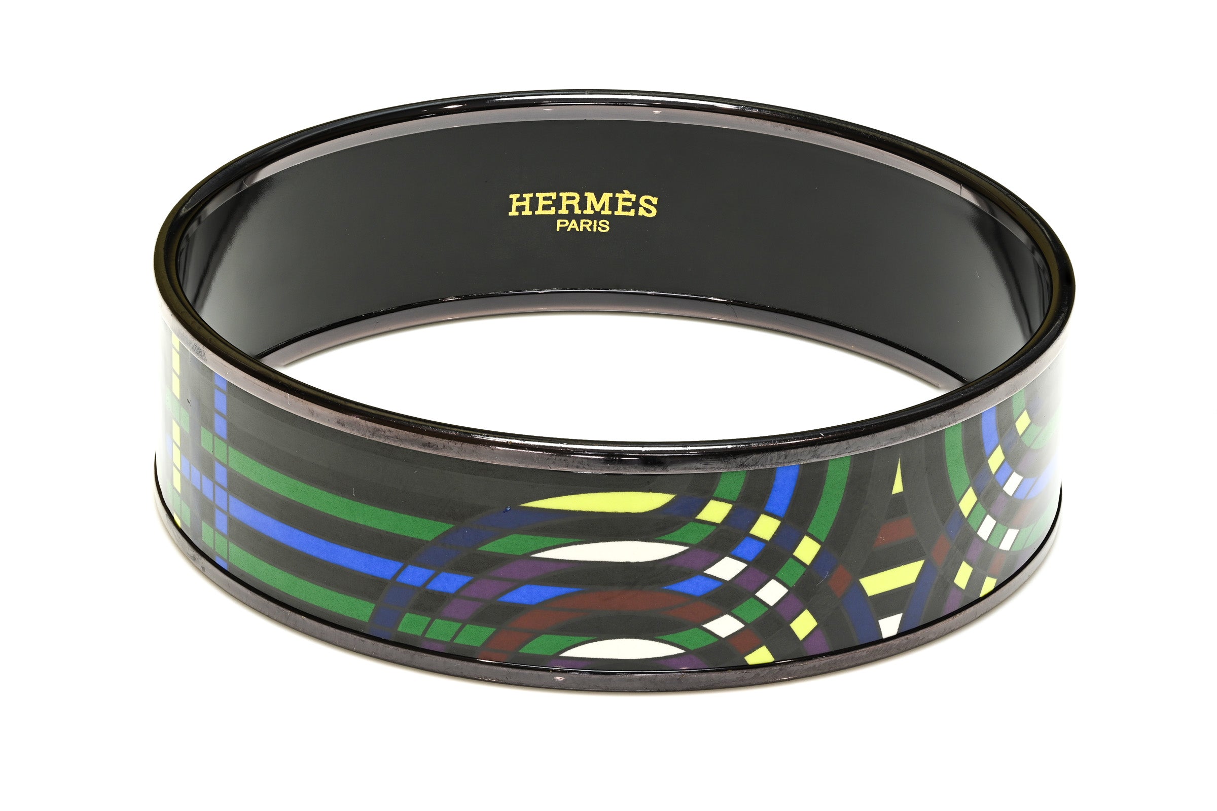 Hermes Paris Wide Black Blue Green Equestrian Bangle Bracelet