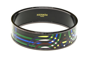 Hermes Paris Wide Black Blue Green Enamel Equestrian Bangle Bracelet