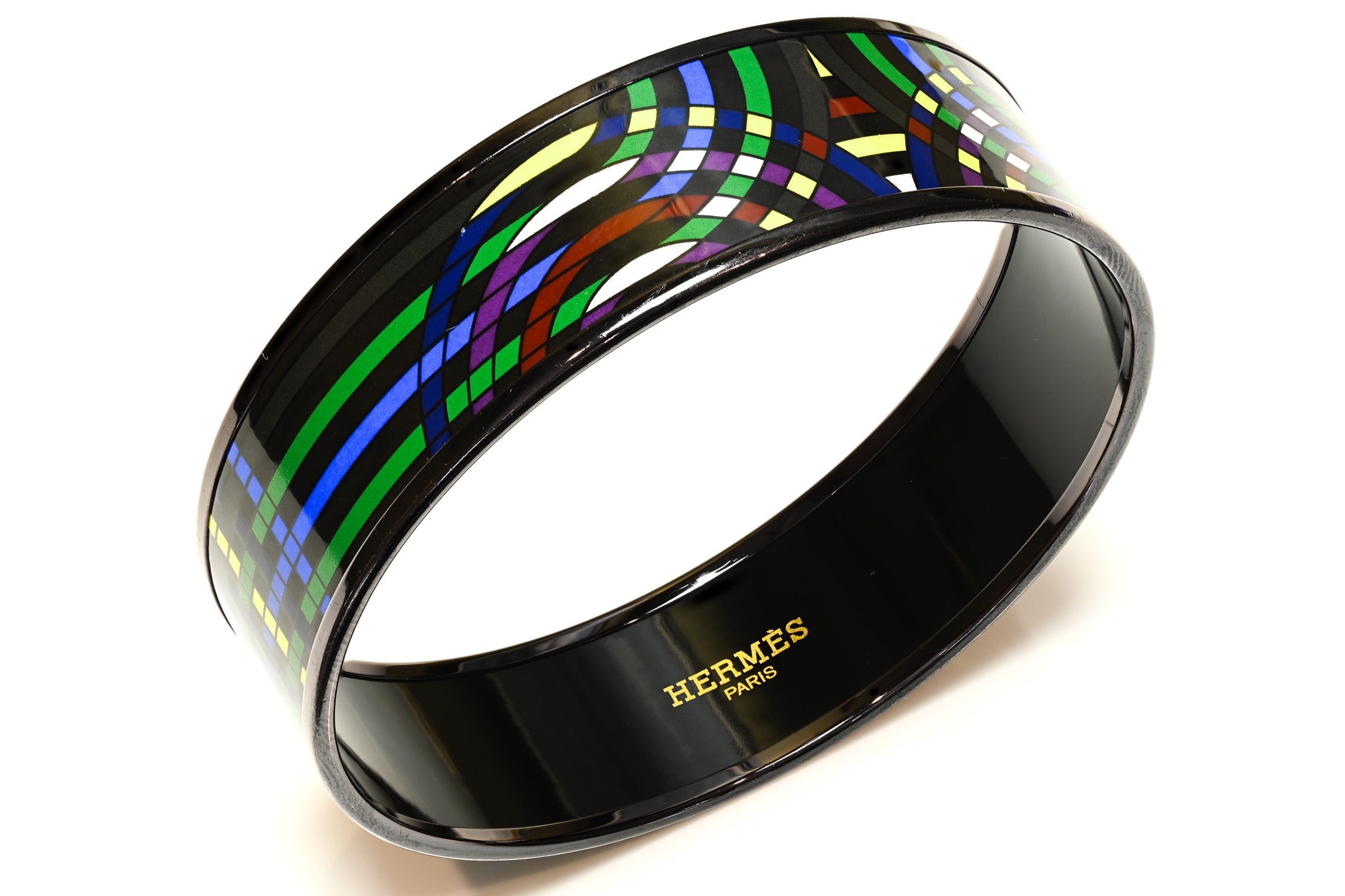 Hermes Paris Wide Black Blue Green Equestrian Bangle Bracelet 1