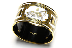 Hermes Paris Wide Gold Plated White Gold Enamel Equestrian Horse Bangle Bracelet