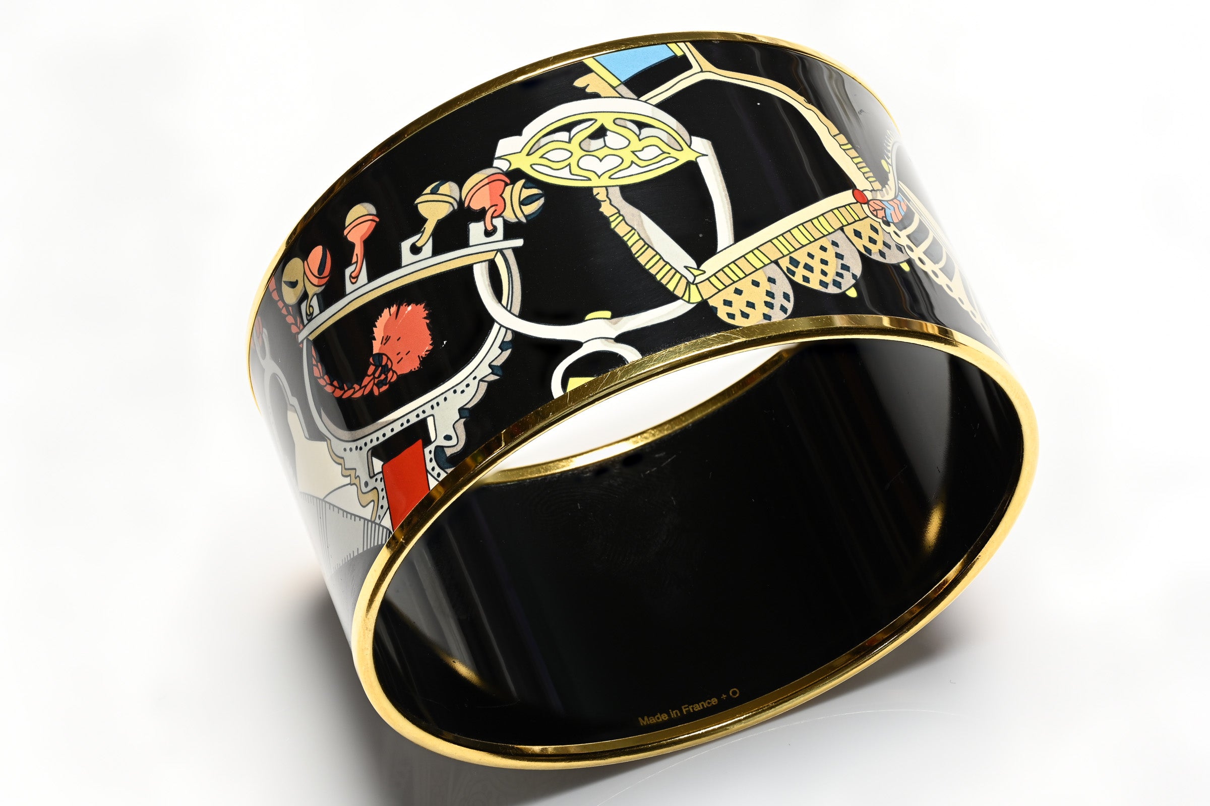 Hermes Paris Wide Gold Plated Black Red Blue Enamel Equestrian Bangle Bracelet