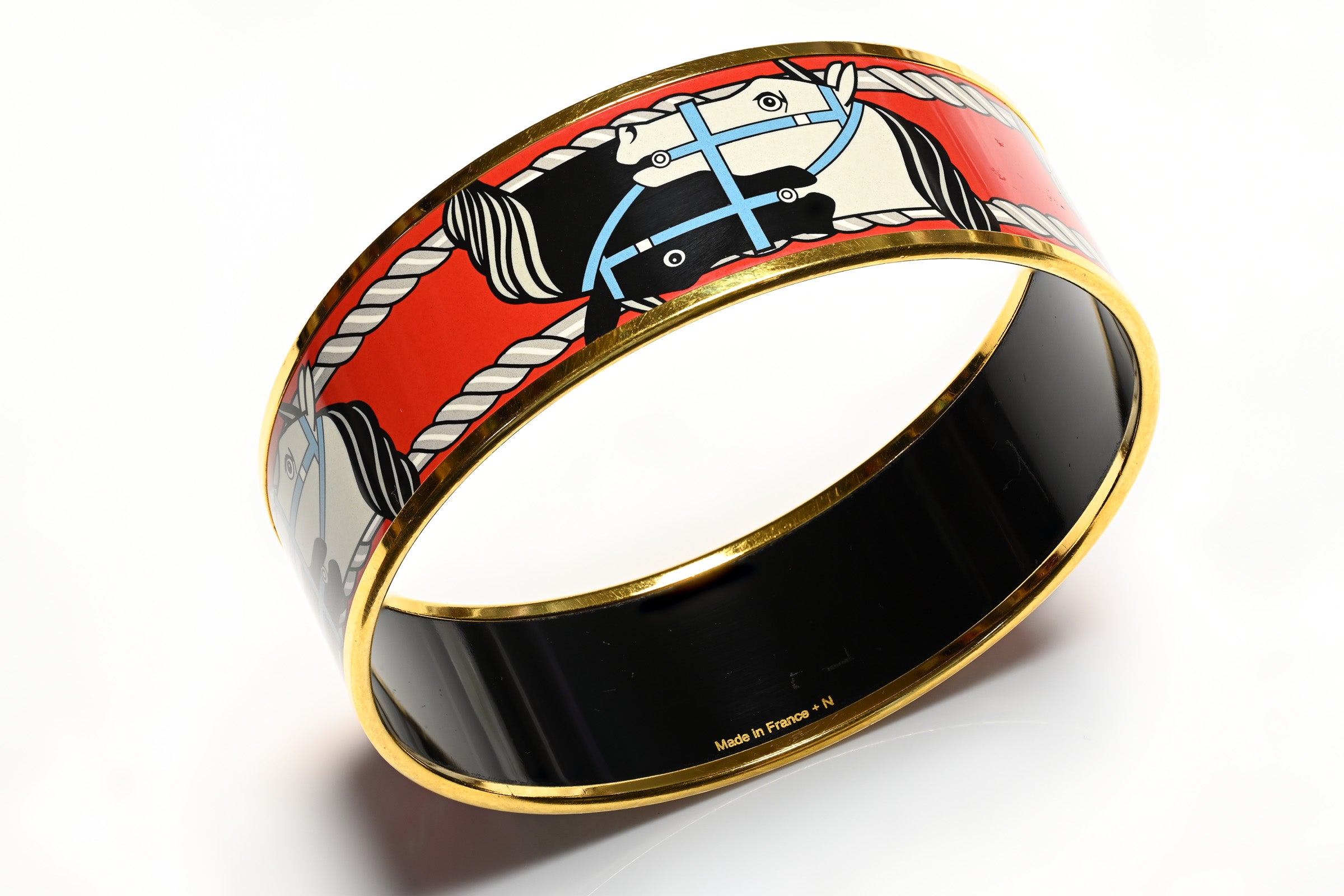 Hermes Paris Wide Gold Plated Red Blue Enamel Equestrian Horse Bangle Bracelet