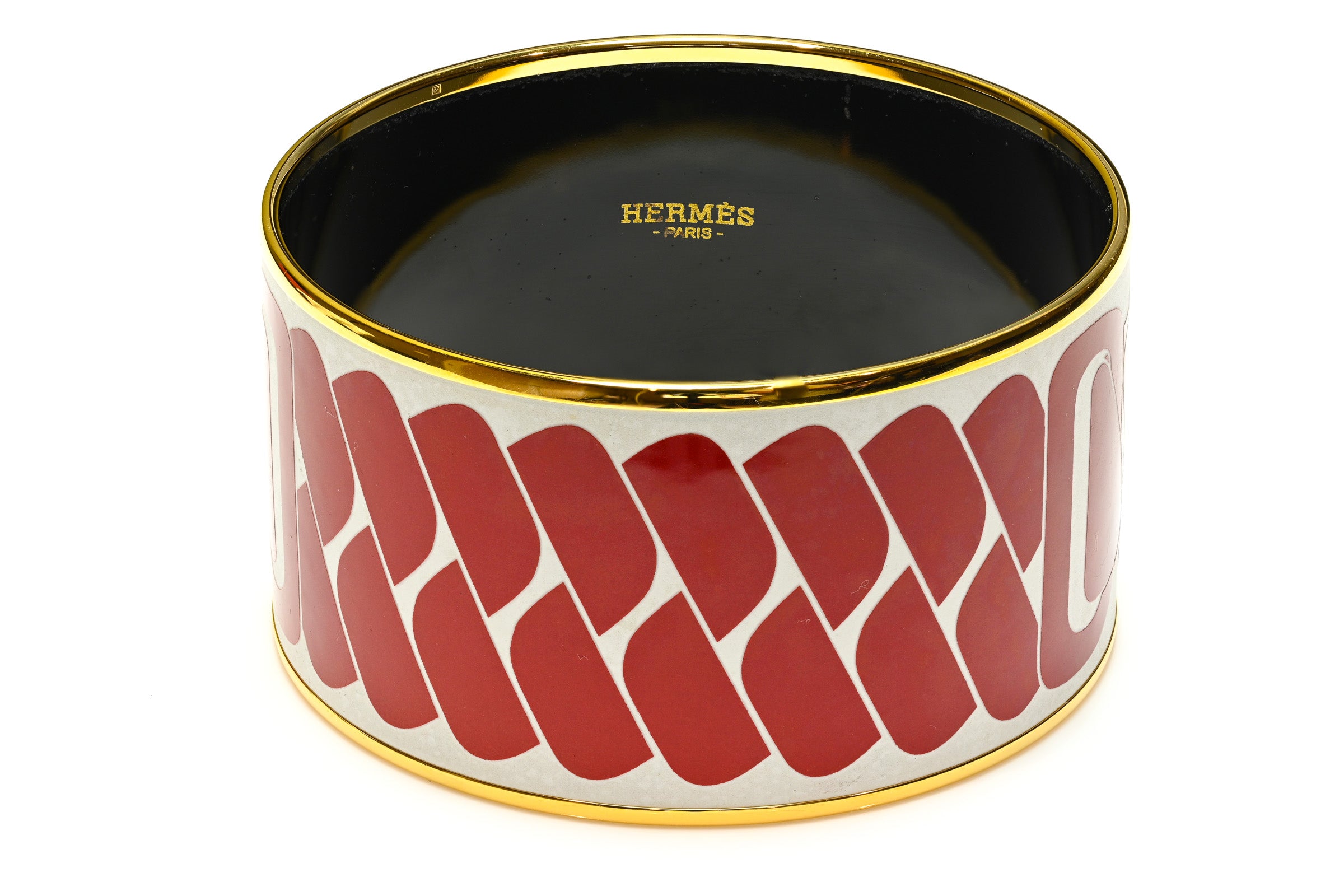Hermes Paris Wide Gold Plated Red Enamel Chain Bangle Bracelet
