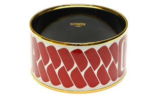 Hermes Paris Wide Gold Plated Red Enamel Chain Bangle Bracelet