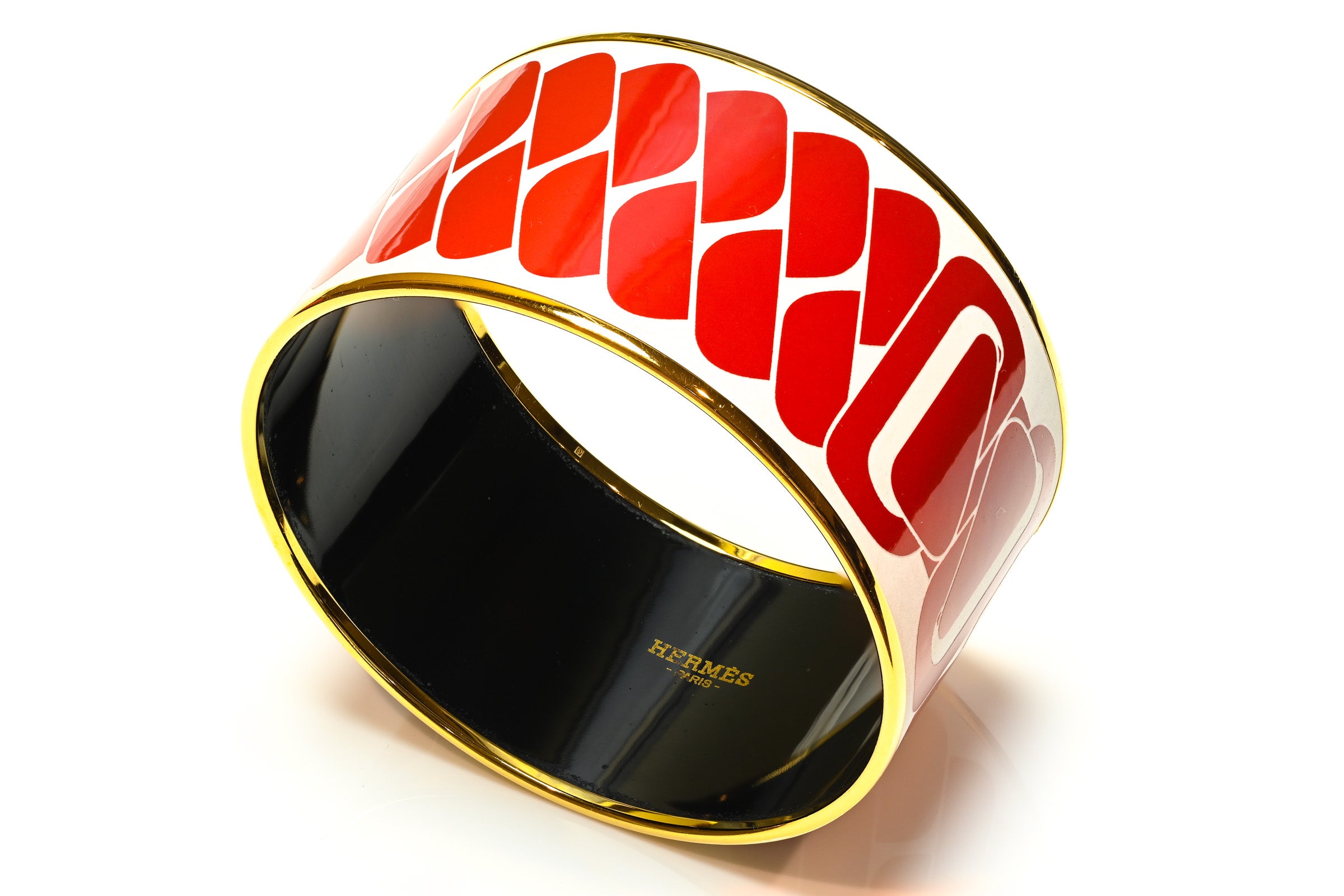 Hermes Paris Wide Gold Plated Red Enamel Chain Bangle Bracelet 2