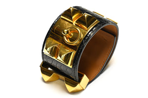 Hermes Paris Black Crocodile Gold Plated Collier de Chien Bracelet