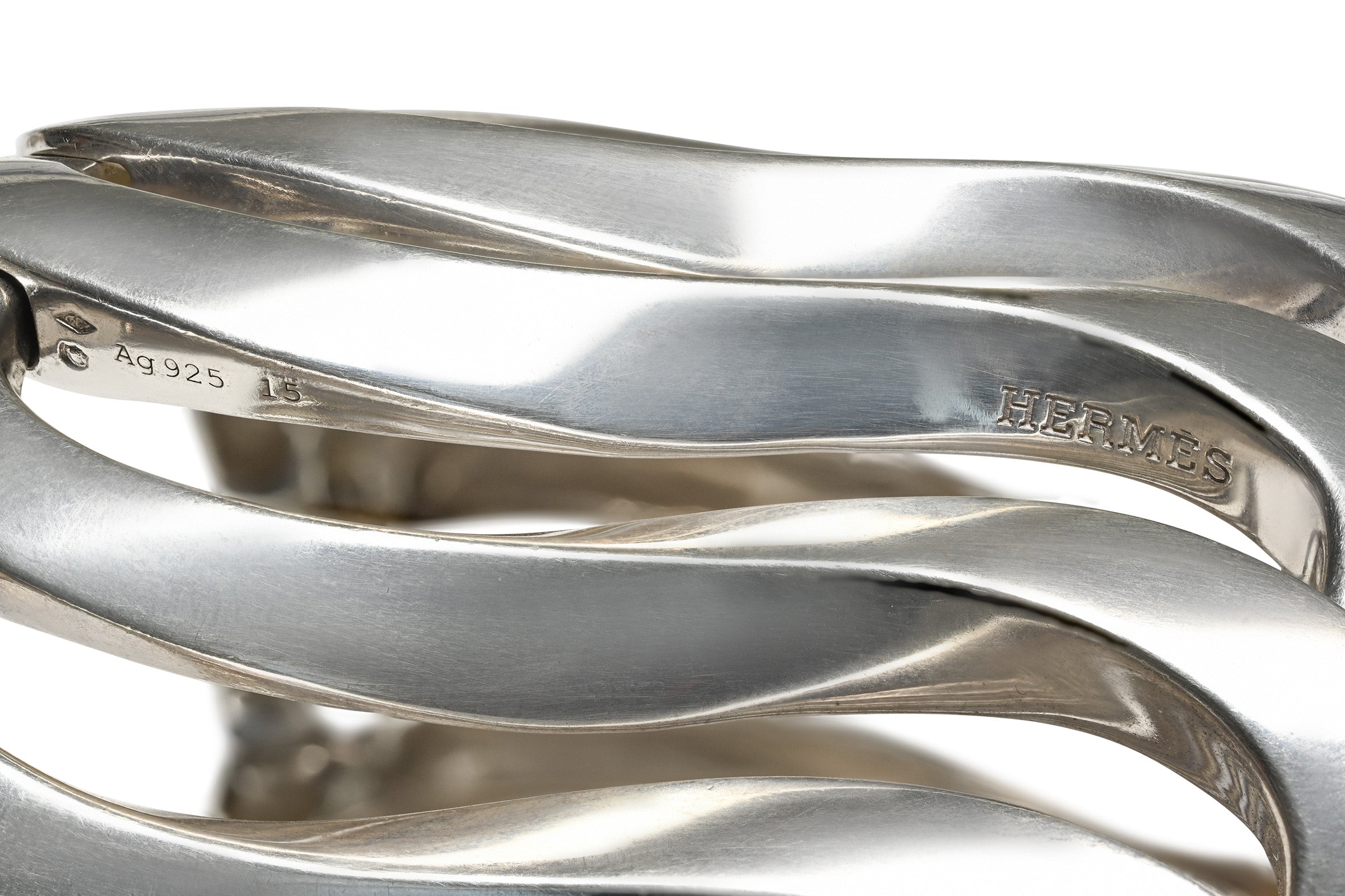 Hermès Sculptural Wave Wide Cuff Bracelet in Sterling Silver Serial number and hallmark 