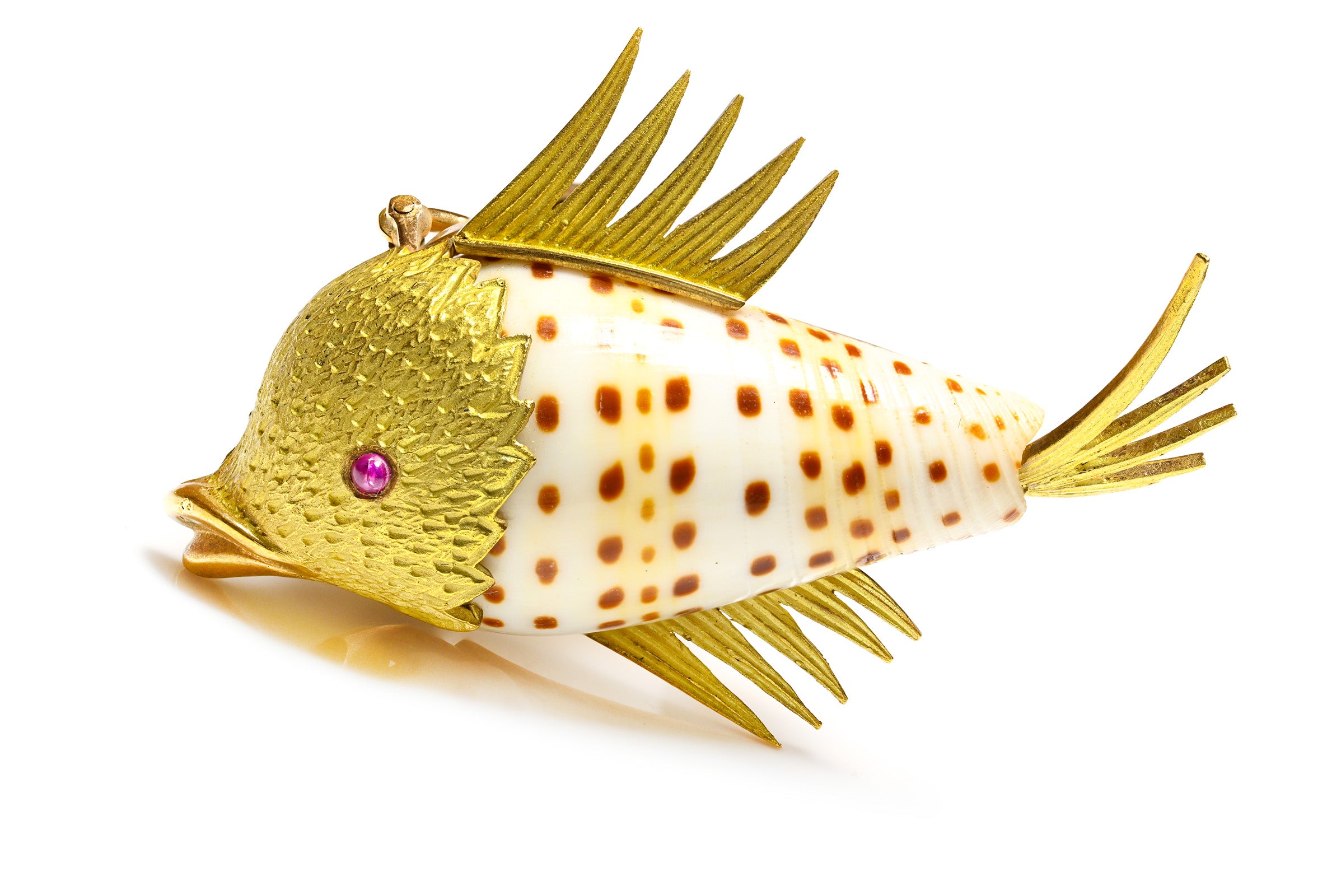 Hermès 18K Gold Ruby Junonia Shell Fish Brooch