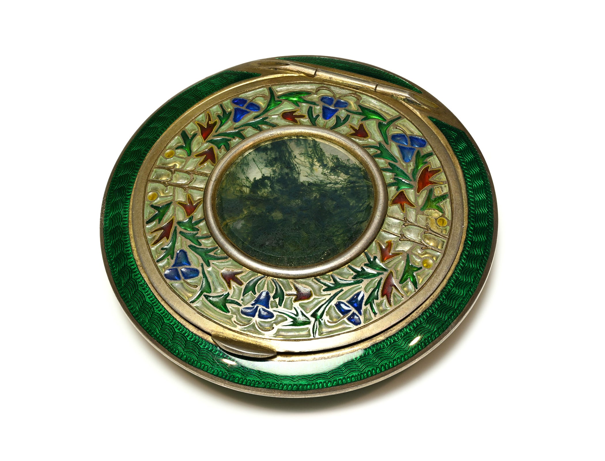 Art Deco Brüder Frank Plique-à-Jour Enamel Agate Silver Compact