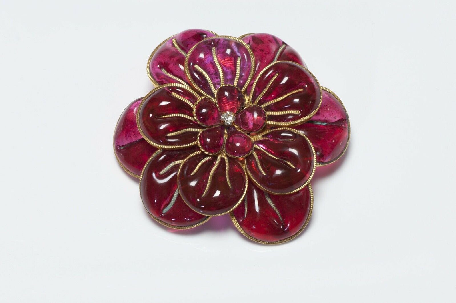 Histoire de Verre Gripoix Red Glass Camellia Flower Pendant Brooch