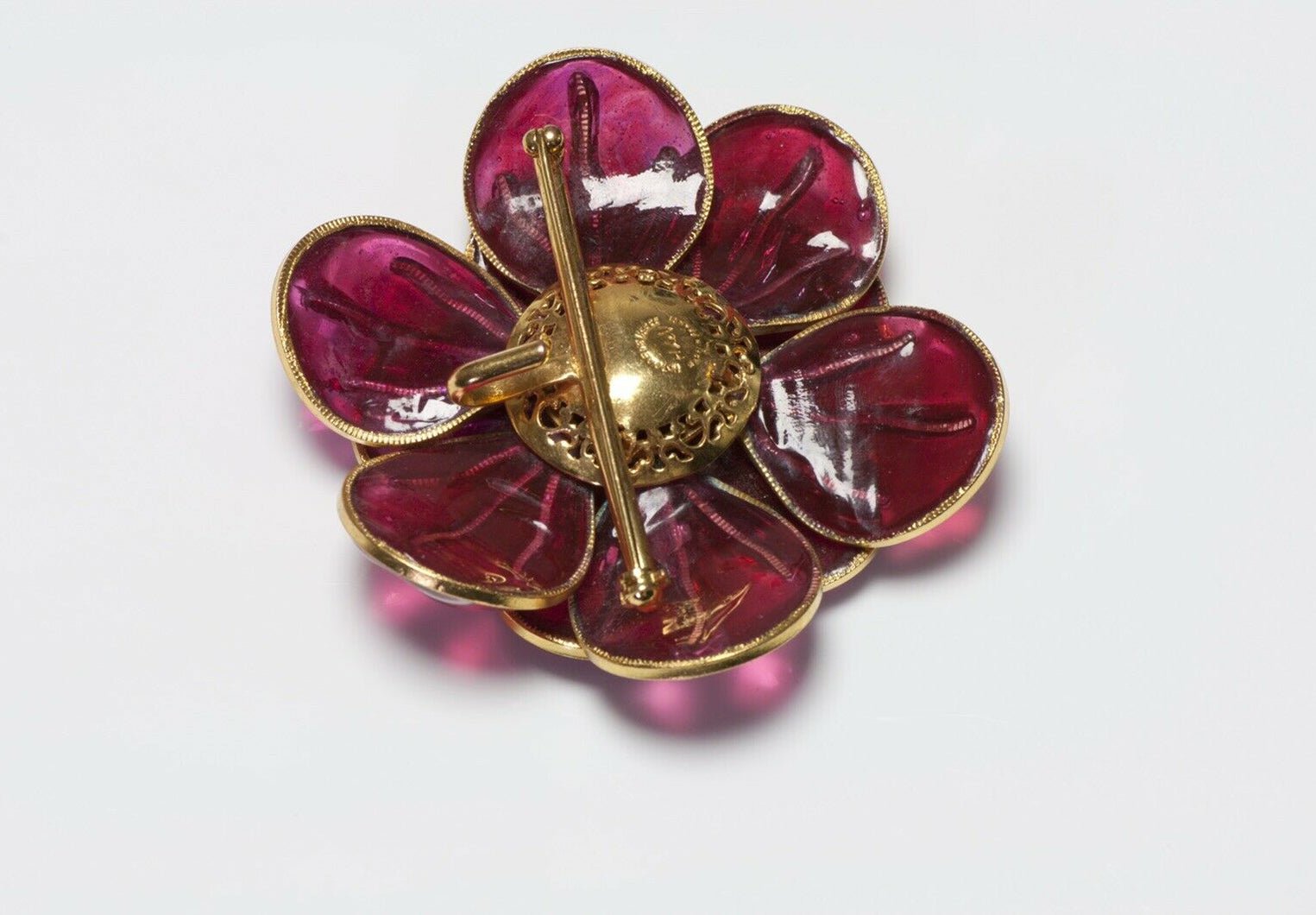 Histoire de Verre Gripoix Red Glass Camellia Flower Pendant Brooch
