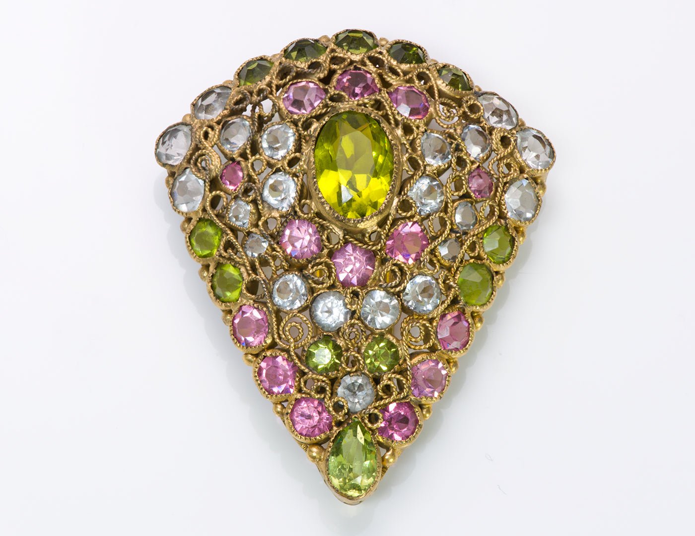 Hobe 1940’s Filigree Pink Green Blue Crystal Pin Brooch
