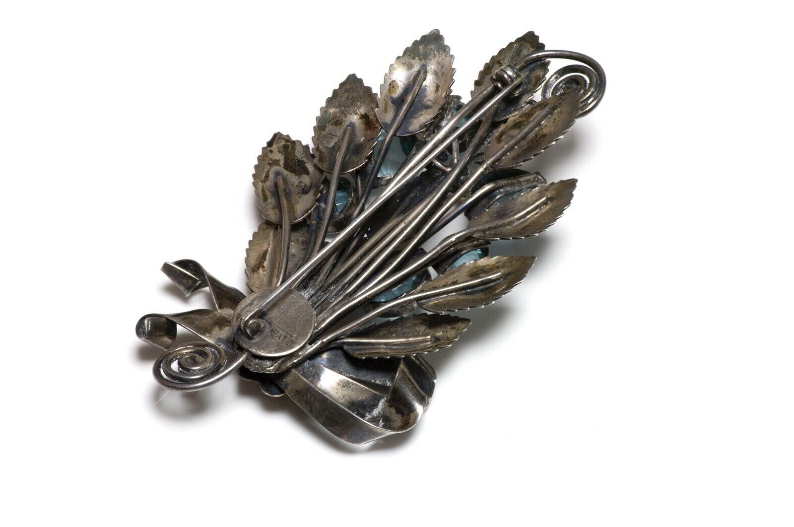 HOBE 1940’s Sterling Silver Blue Crystal Flower Leaf Bow Brooch