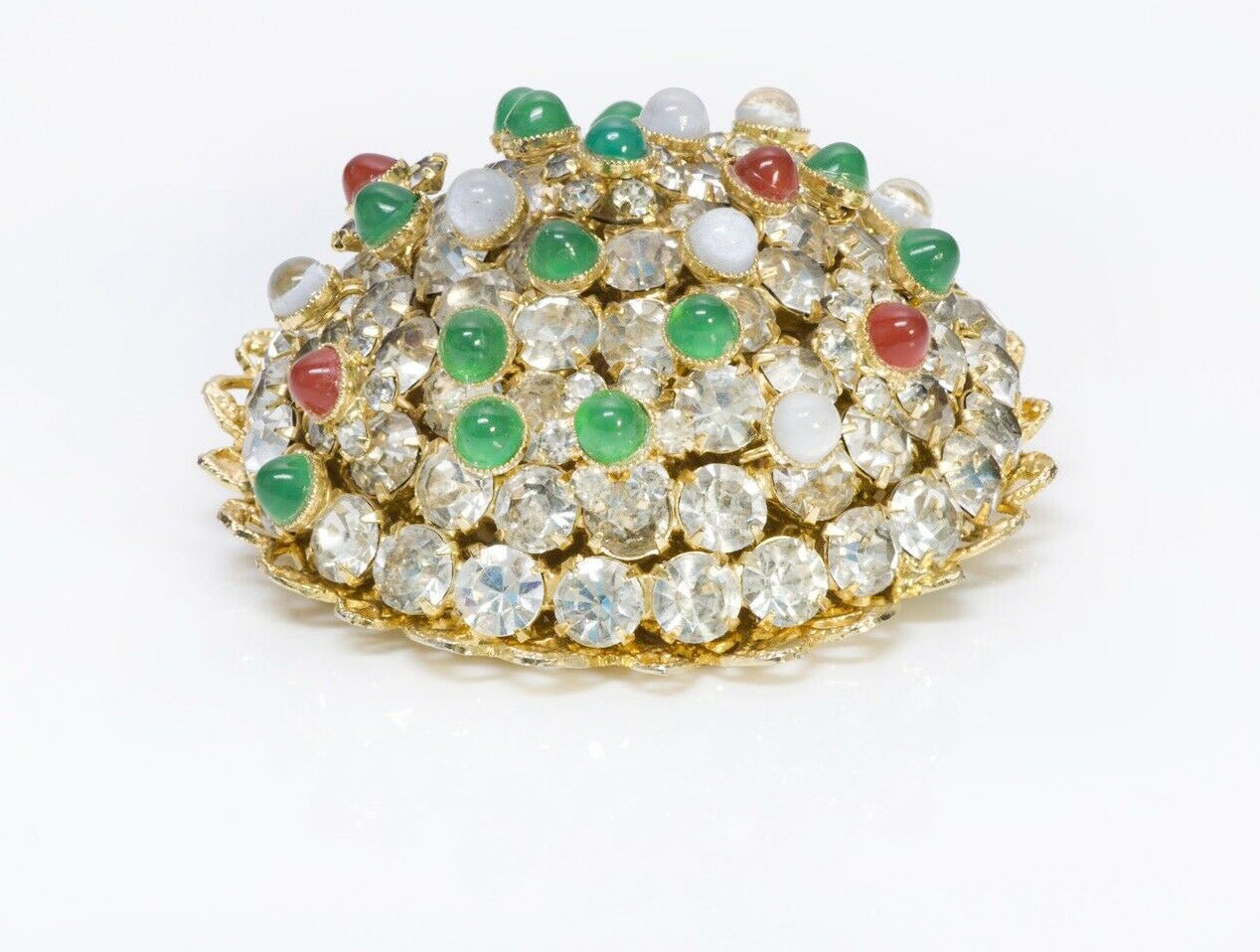 HOBE 1950’s Gold Tone Green Red Glass Crystal Dome Brooch
