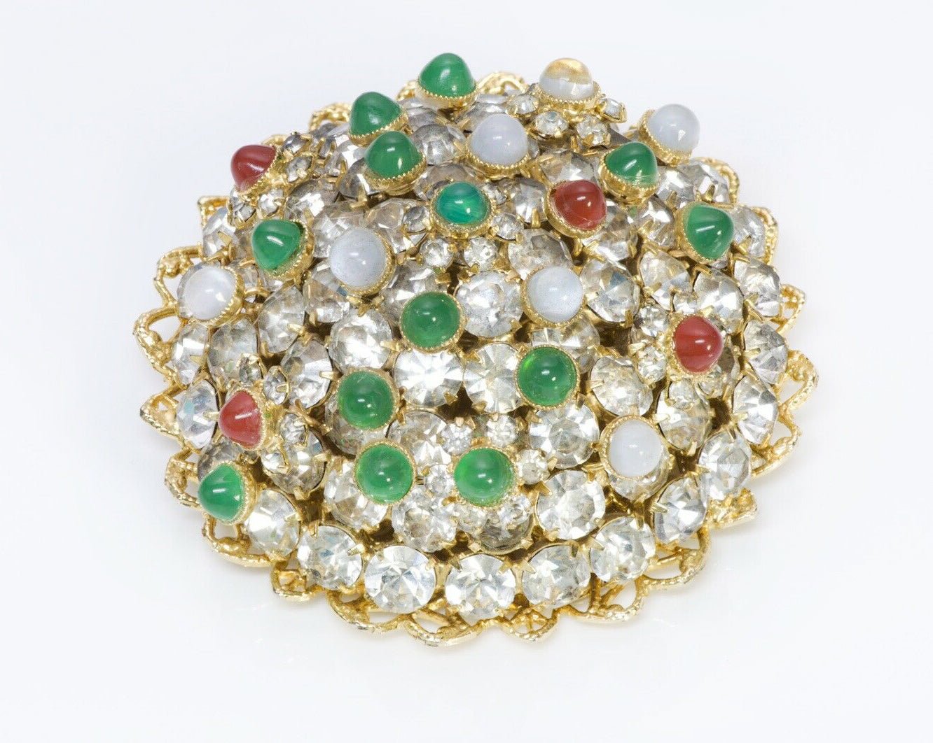 HOBE 1950’s Gold Tone Green Red Glass Crystal Dome Brooch