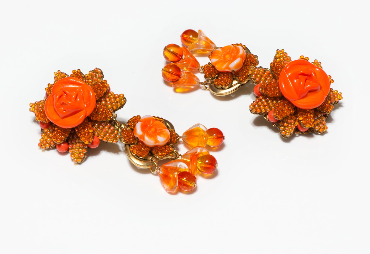 Ian St. Gielar Long Orange Glass Beads Flower Earrings