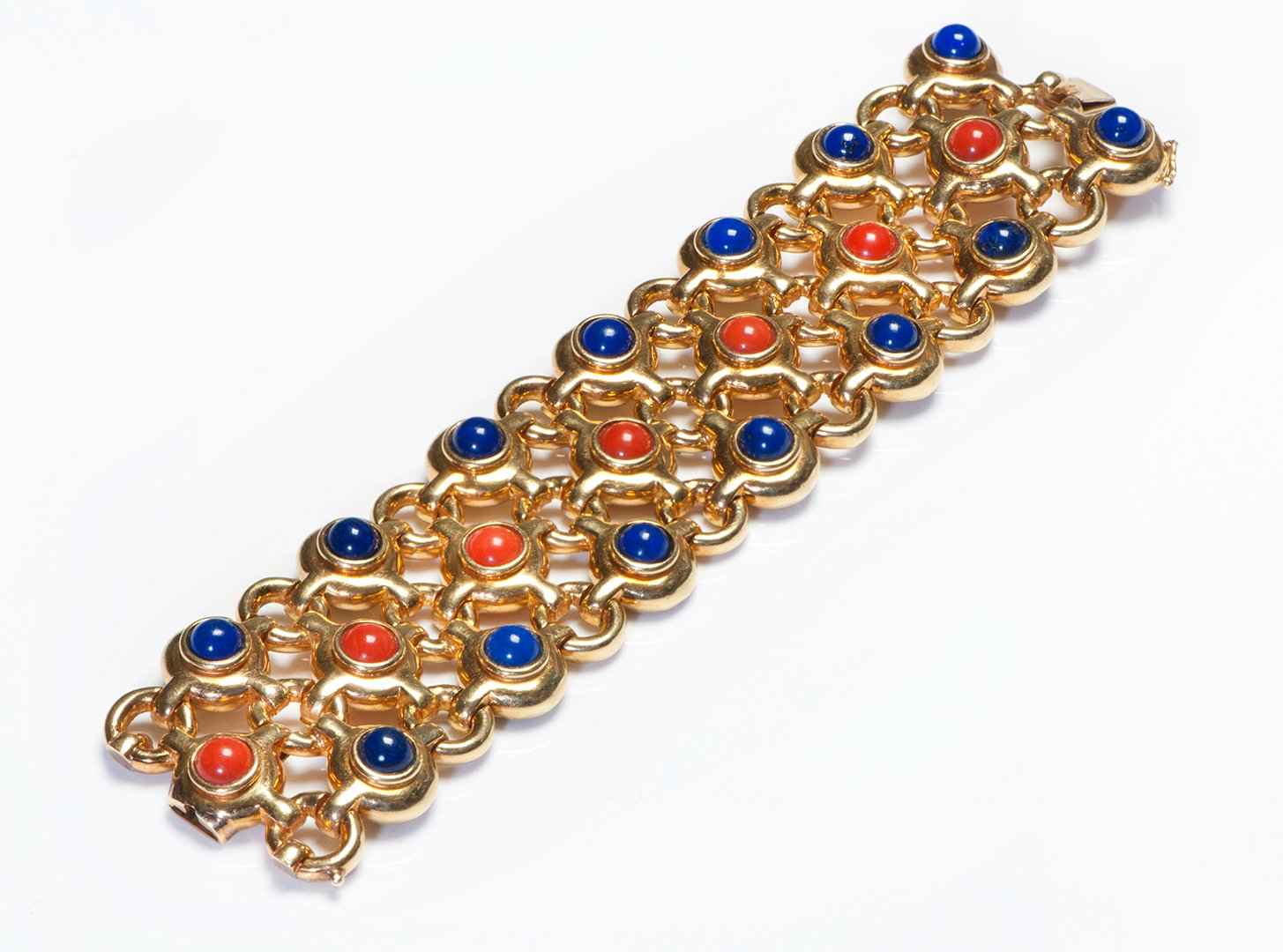 Impressive Wide 18K Gold Lapis Coral Bracelet