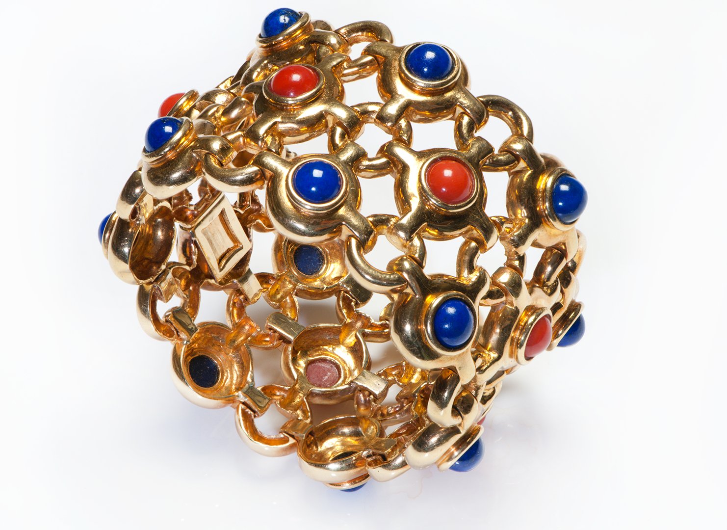 Impressive Wide 18K Gold Lapis Coral Bracelet