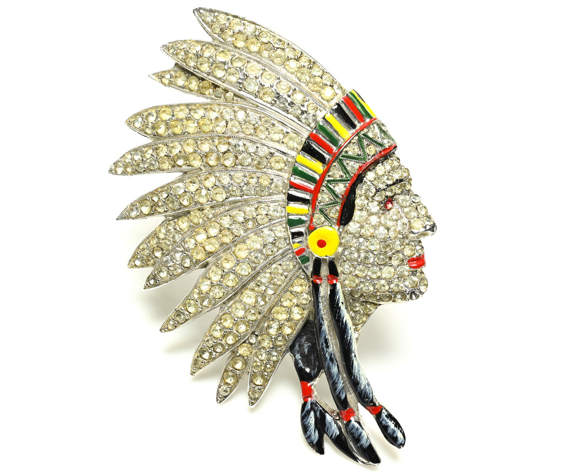 Vintage 1940's Coro Enamel Crystal American Indian Chiefs Head Brooch