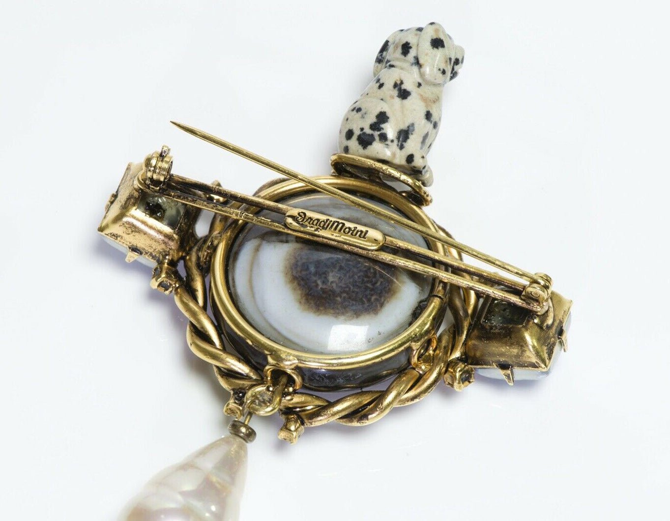 IRADJ MOINI Agate Stone Dalmatian Dog Figurine Crystal Pearl Drop Brooch