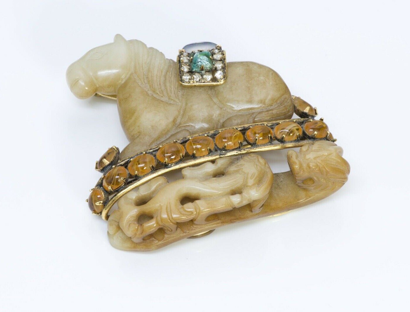 Iradj Moini Asian Style Horse Carved Agate Brooch