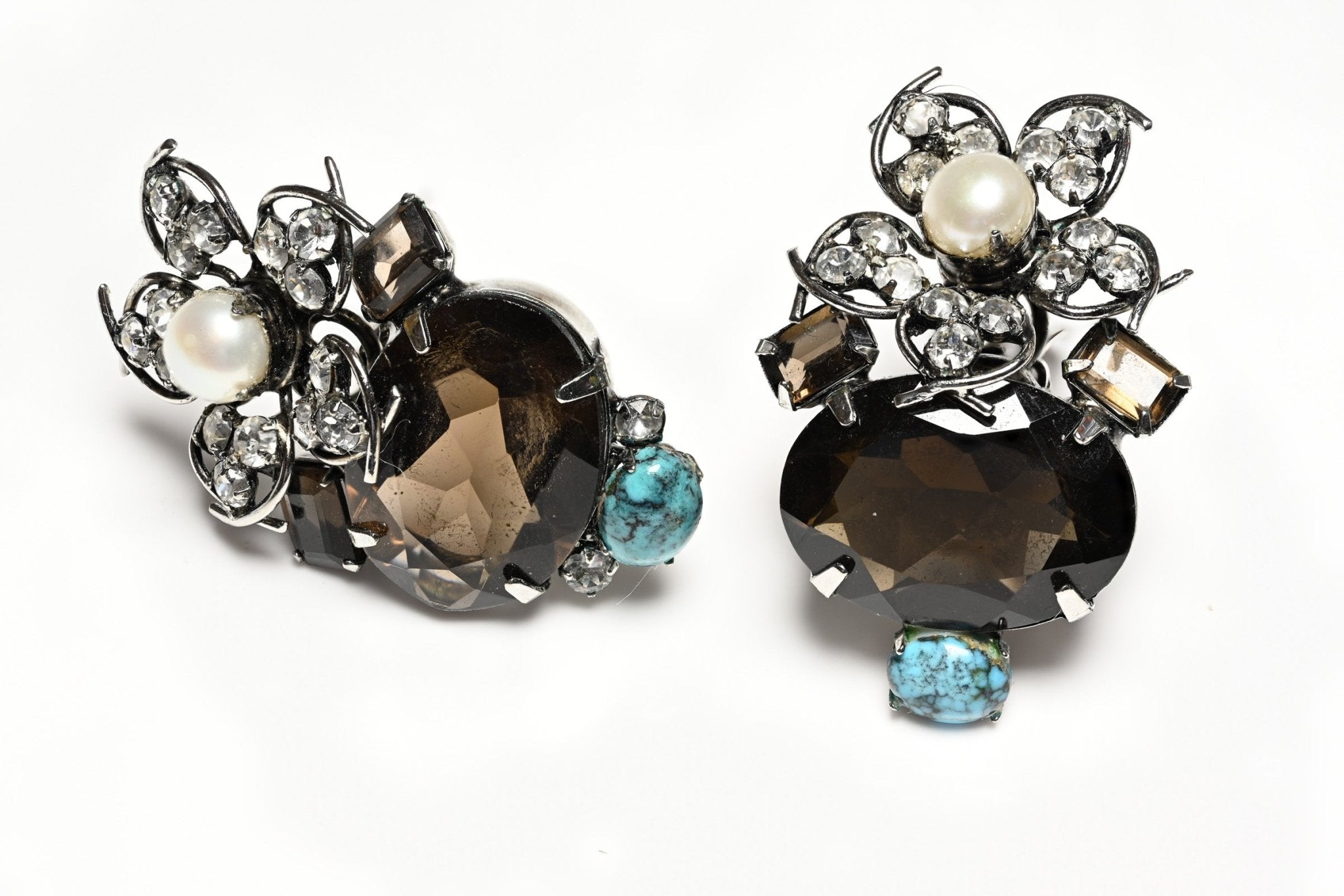 Iradj Moini Brown Quartz Turquoise Pearl Crystal Flower Earrings