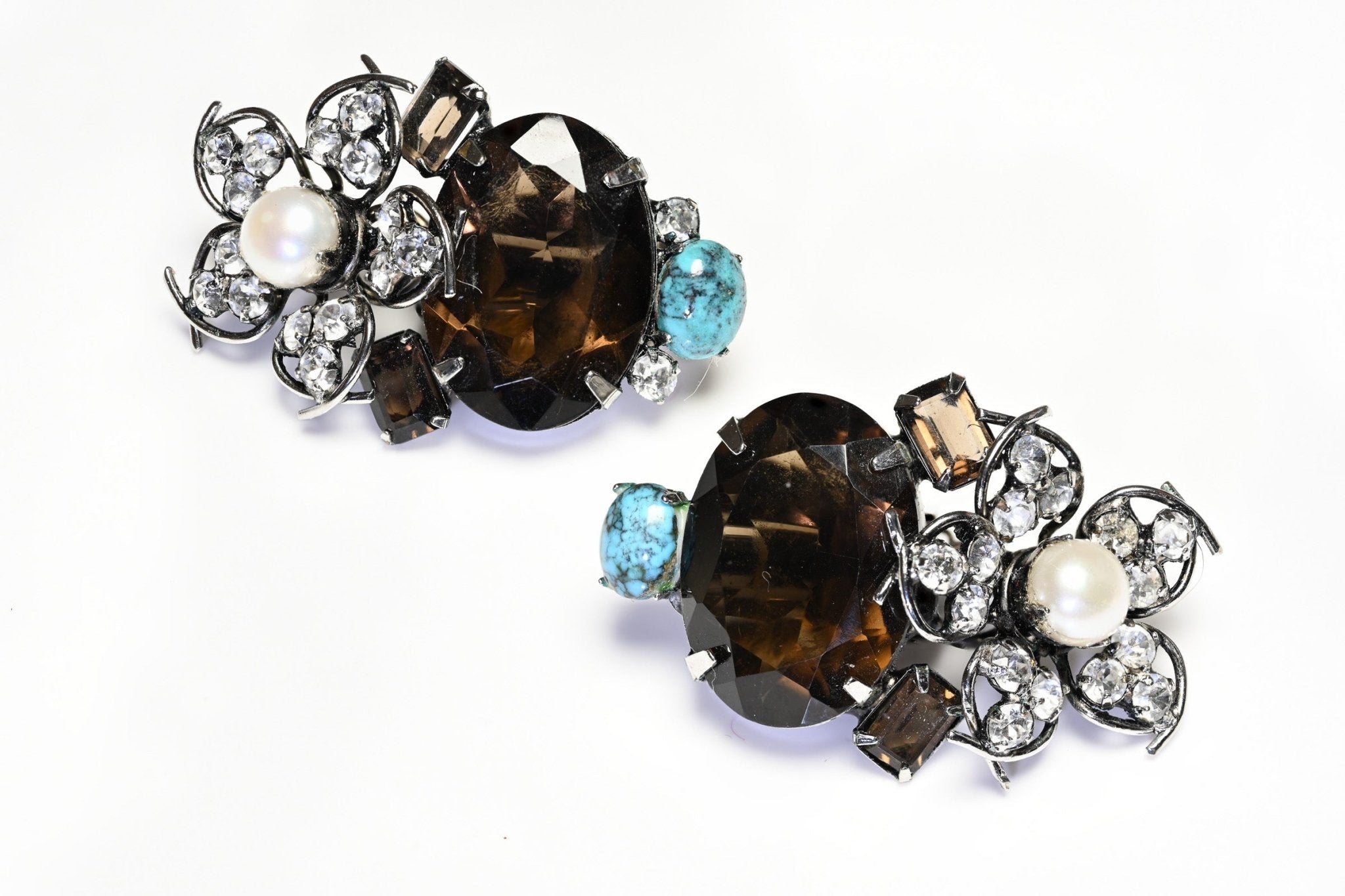 Iradj Moini Brown Quartz Turquoise Pearl Crystal Flower Earrings
