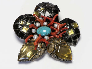 Iradj Moini Citrine Coral Onyx Turquoise Pearl Flower Pendant Brooch