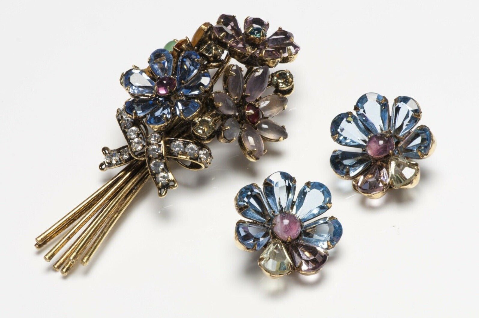 Iradj Moini Semiprecious Stones Flower Bouquet Brooch Earrings Set