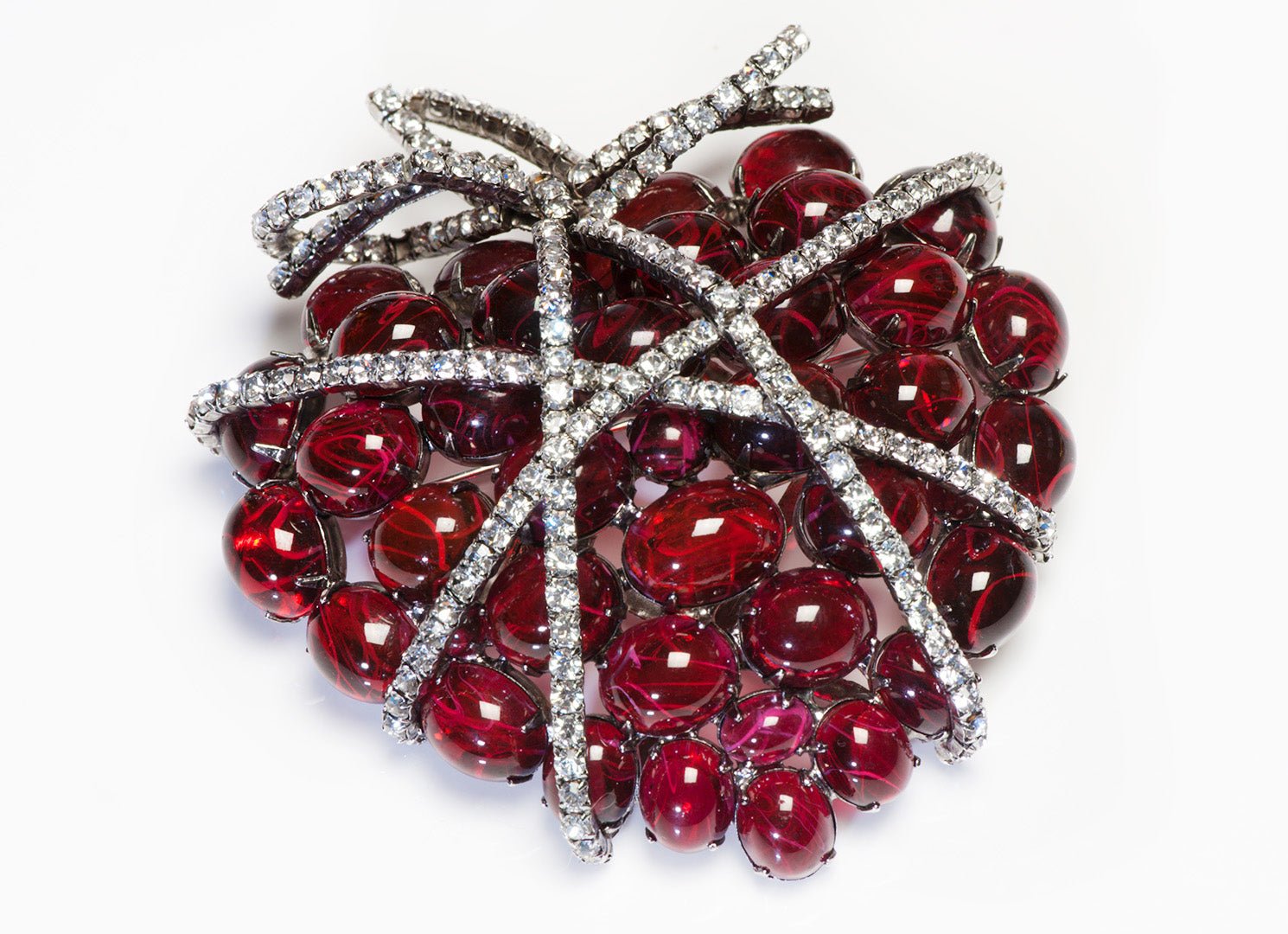 Iradj Moini Verdura Style Large Ribbon Tied Red Cabochon Crystal Heart Brooch