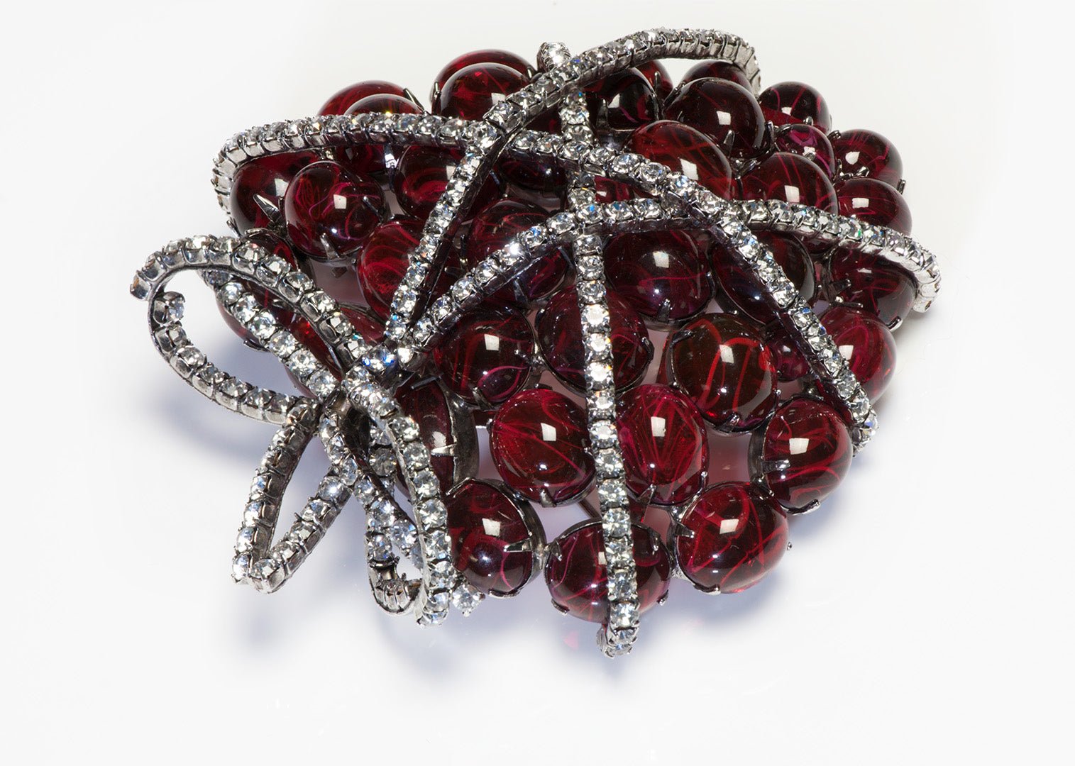 Iradj Moini Verdura Style Large Ribbon Tied Red Cabochon Crystal Heart Brooch