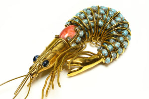 Iradj Moini Turquoise Coral Cabochon Large Crawfish Shrimp Brooch