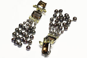 Iradj Moini Brown Yellow Crystal Black Pearl Tassel Long Earrings