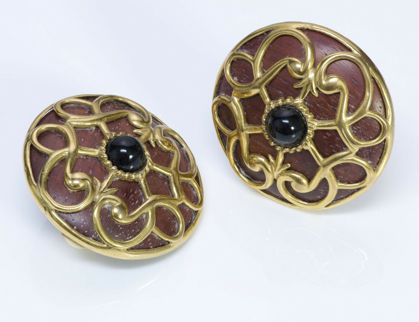 Isabel Canovas 1980’s Gold Plated Wood Round Earrings