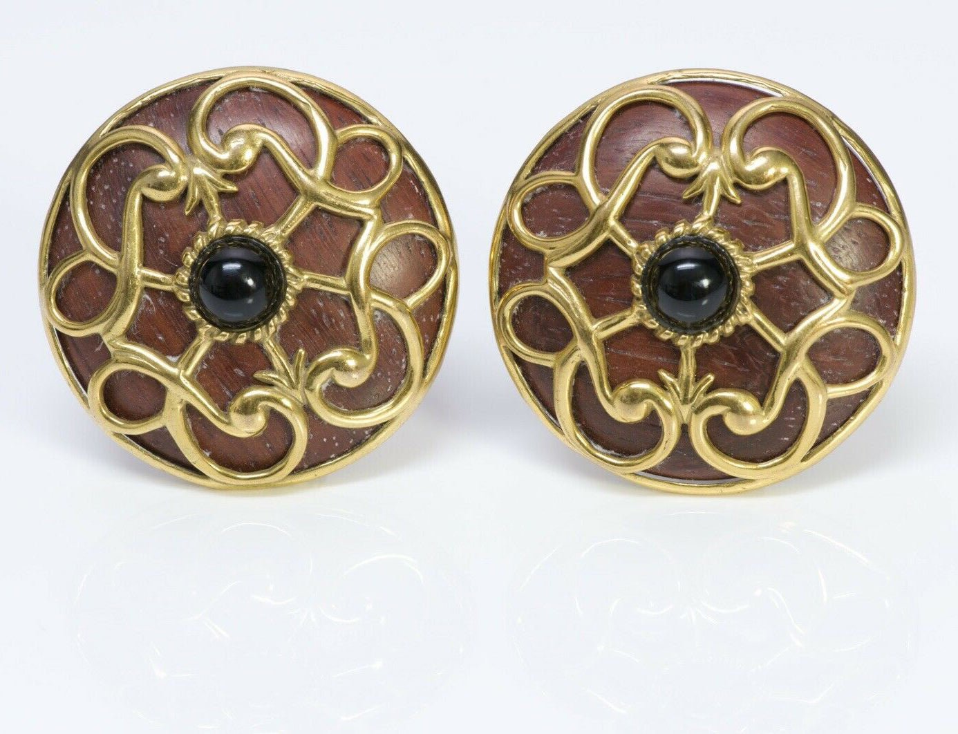 Isabel Canovas 1980’s Gold Plated Wood Round Earrings
