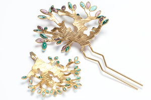 Isabel Canovas 1980’s Gripoix Goossens Green Purple Glass Pendant Hair Pin Set