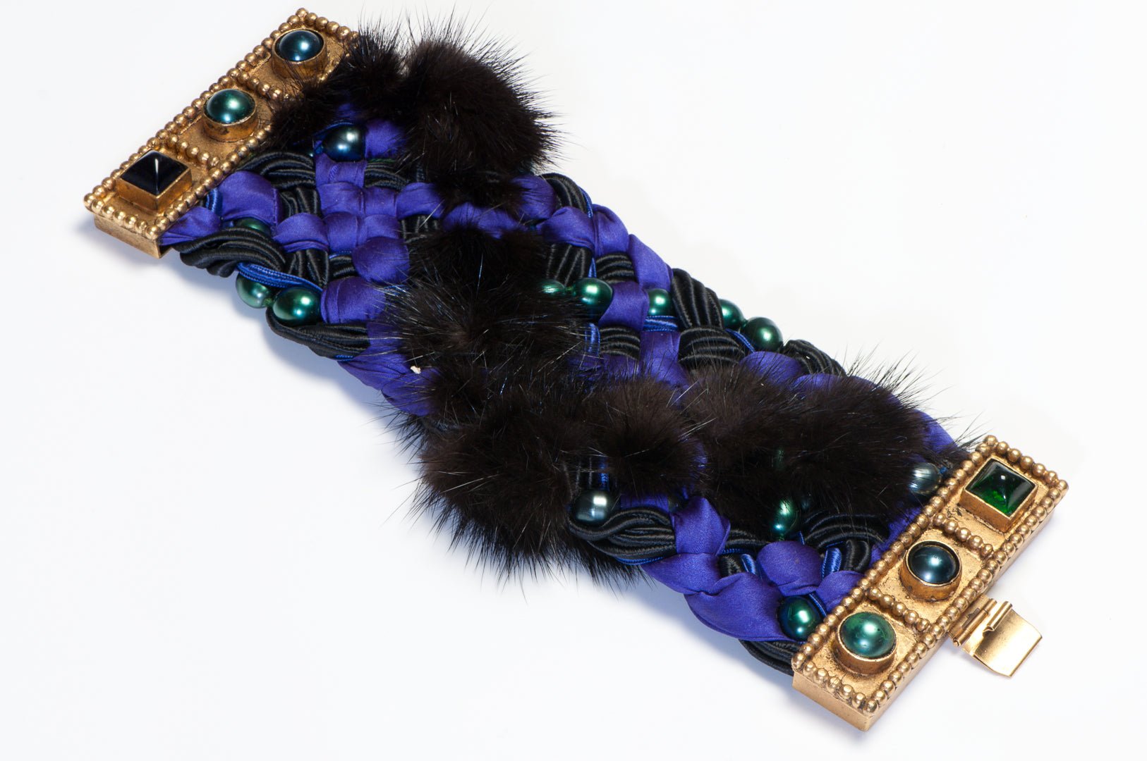 Isabel Canovas 1980’s Purple Woven Silk Mink Fur Gripoix Glass Pearl Bracelet