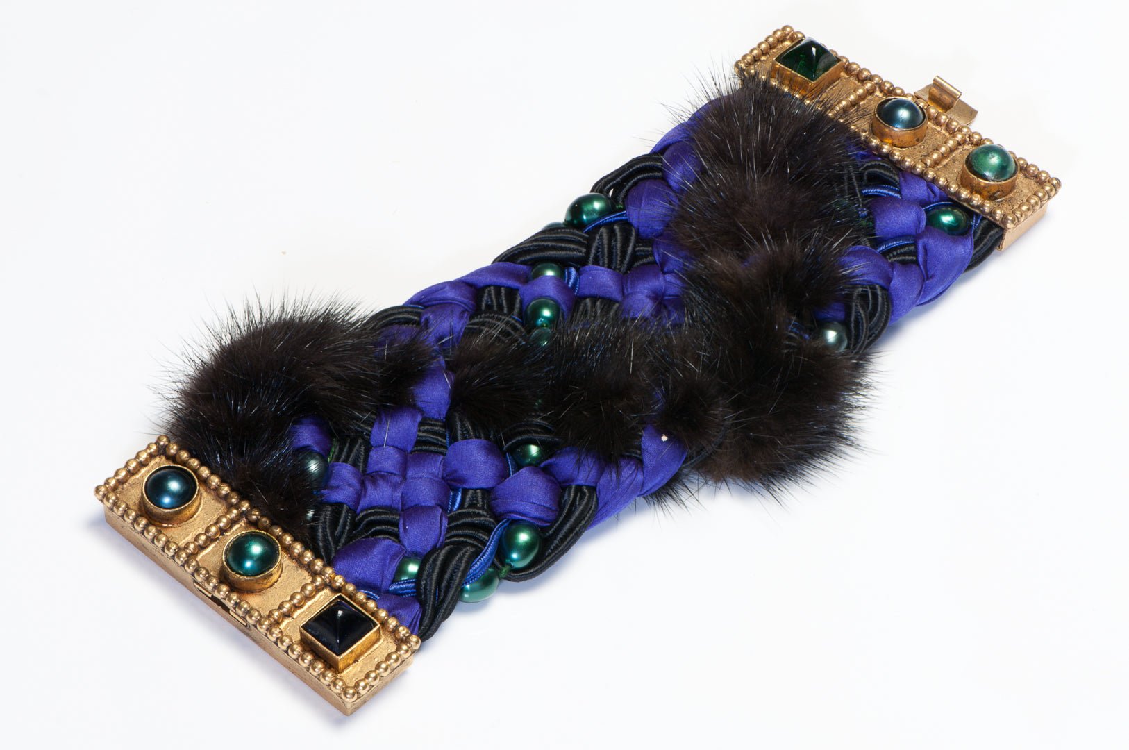 Isabel Canovas 1980’s Purple Woven Silk Mink Fur Gripoix Glass Pearl Bracelet