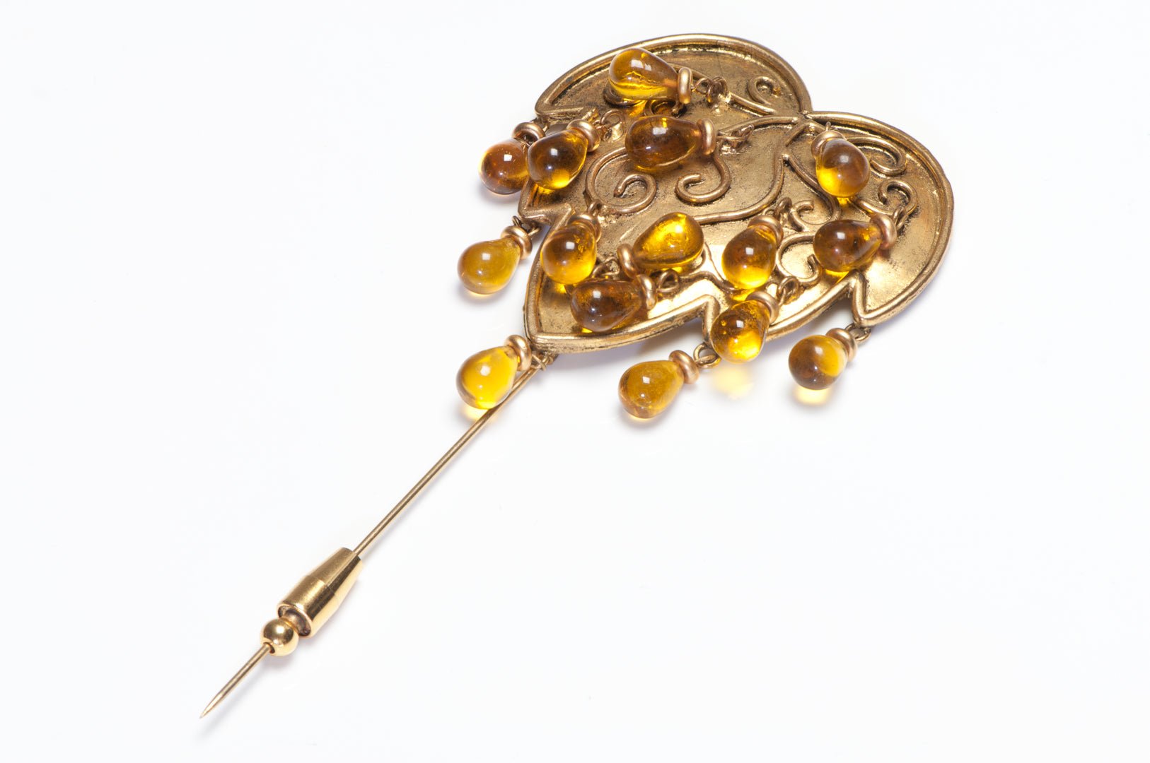 Isabel Canovas Paris 1980’s Maison Gripoix Yellow Glass Beads Heart Pin Brooch