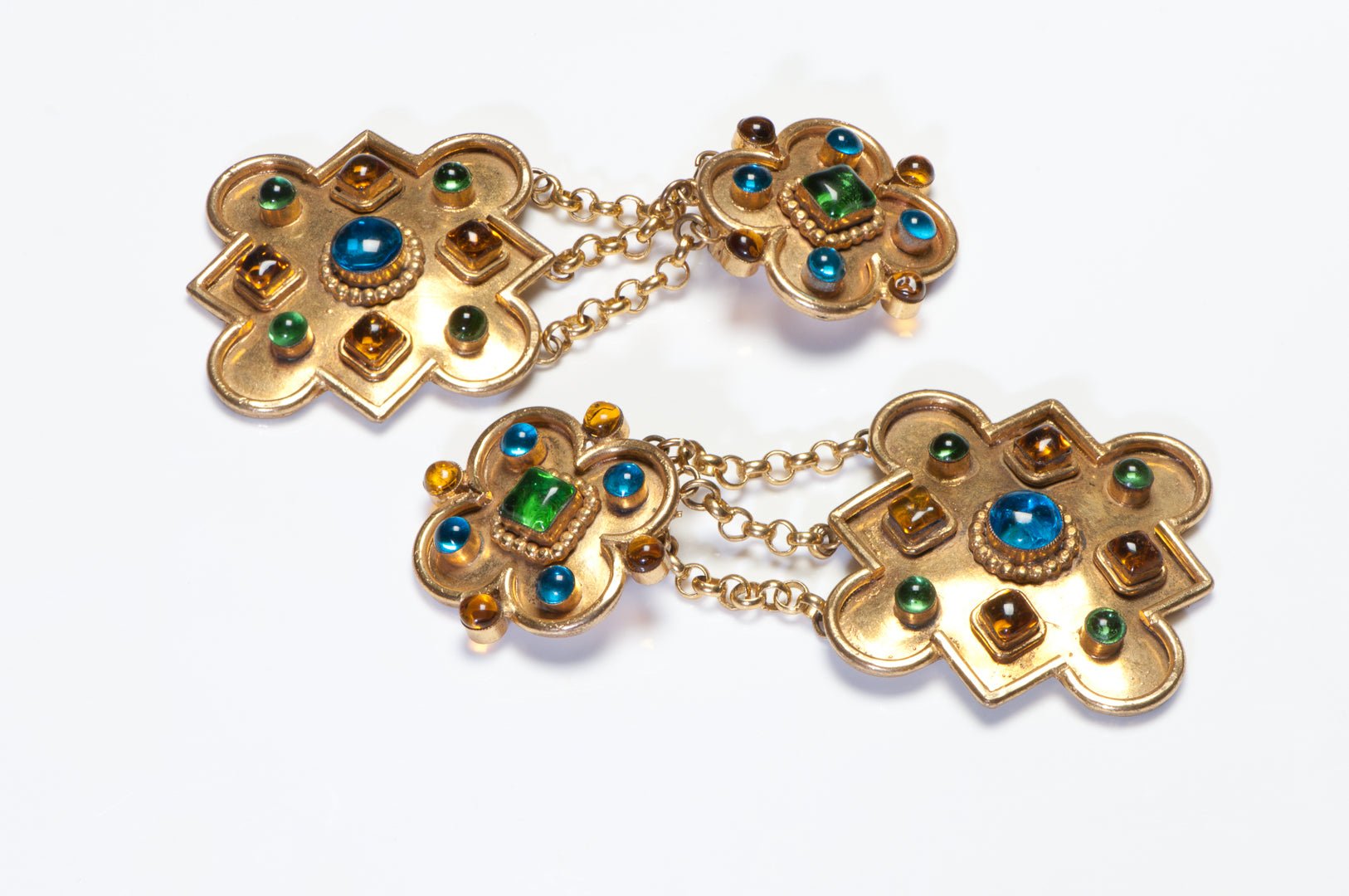Isabel Canovas Paris Maison Gripoix Blue Green Glass Brooch Pendant Earrings Set
