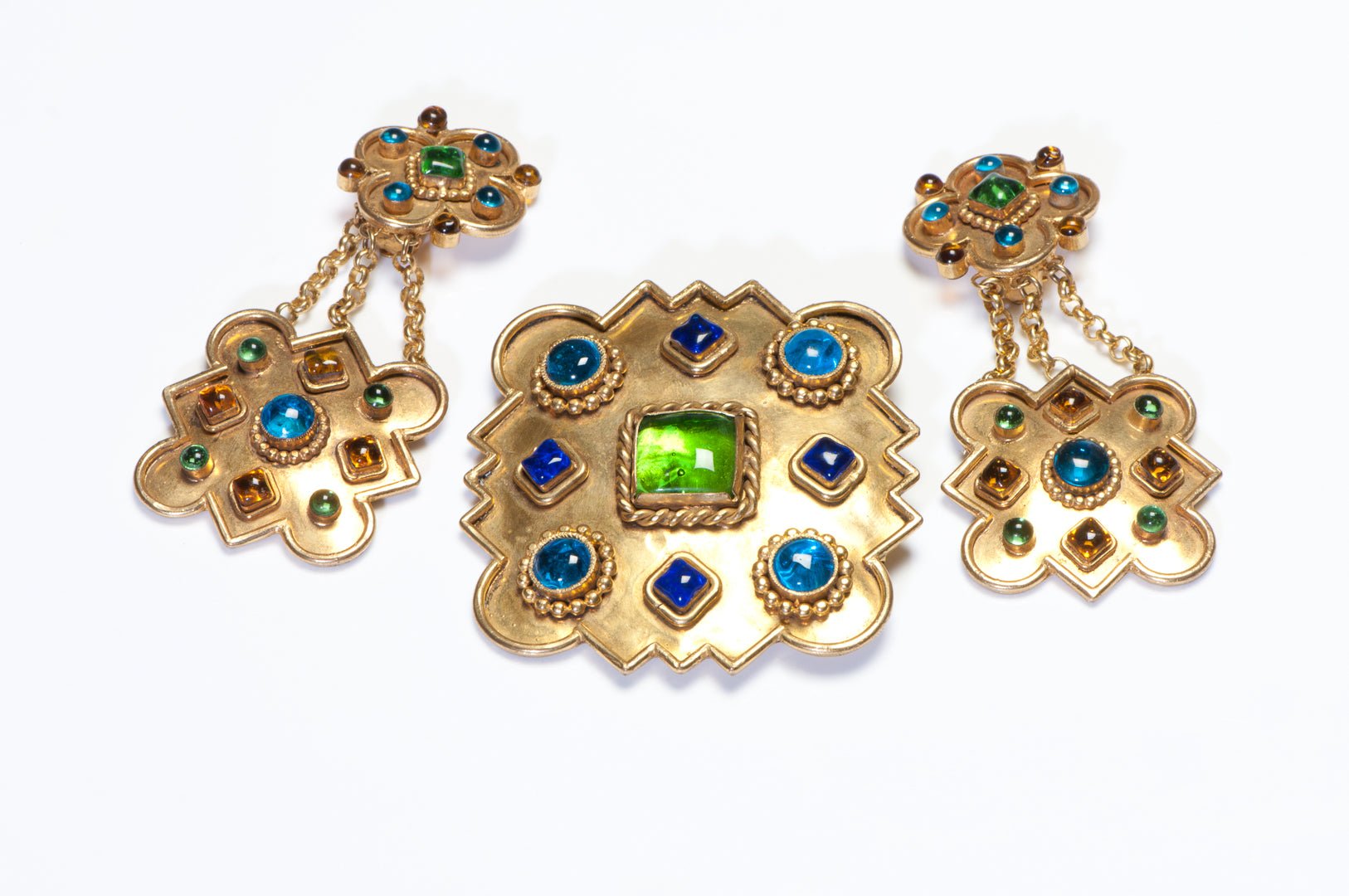 Isabel Canovas Paris Maison Gripoix Blue Green Glass Brooch Pendant Earrings Set