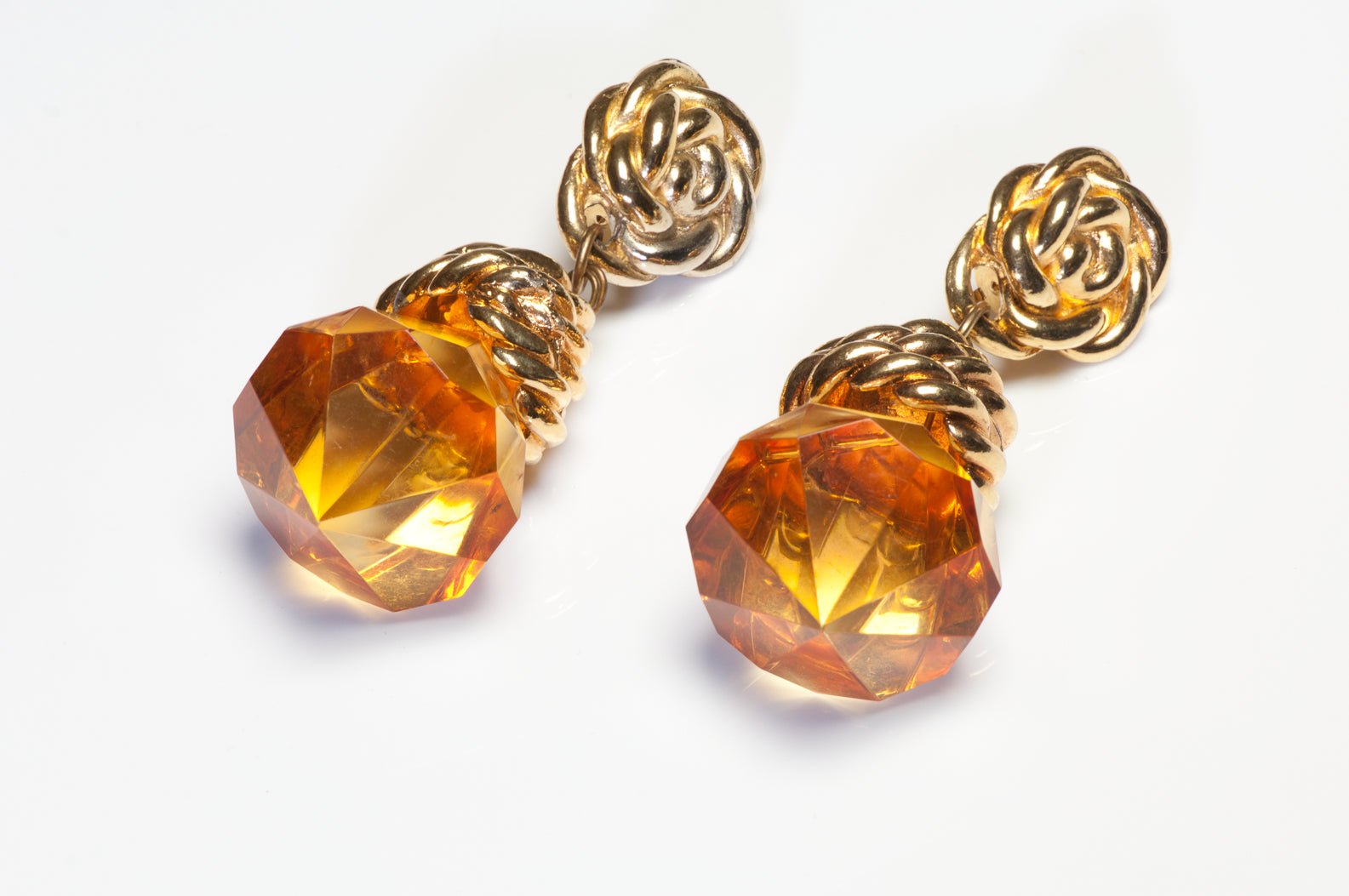 Jacky de G 1980's Paris Long Gold Plated Yellow Crystal Rope Twist Earrings