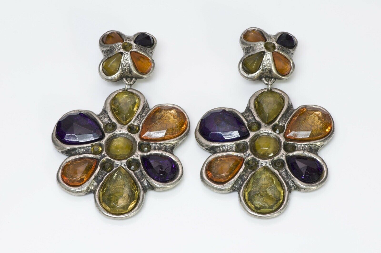 Jacky de G Paris 1980’s Multi Color Crystal Flower Earrings