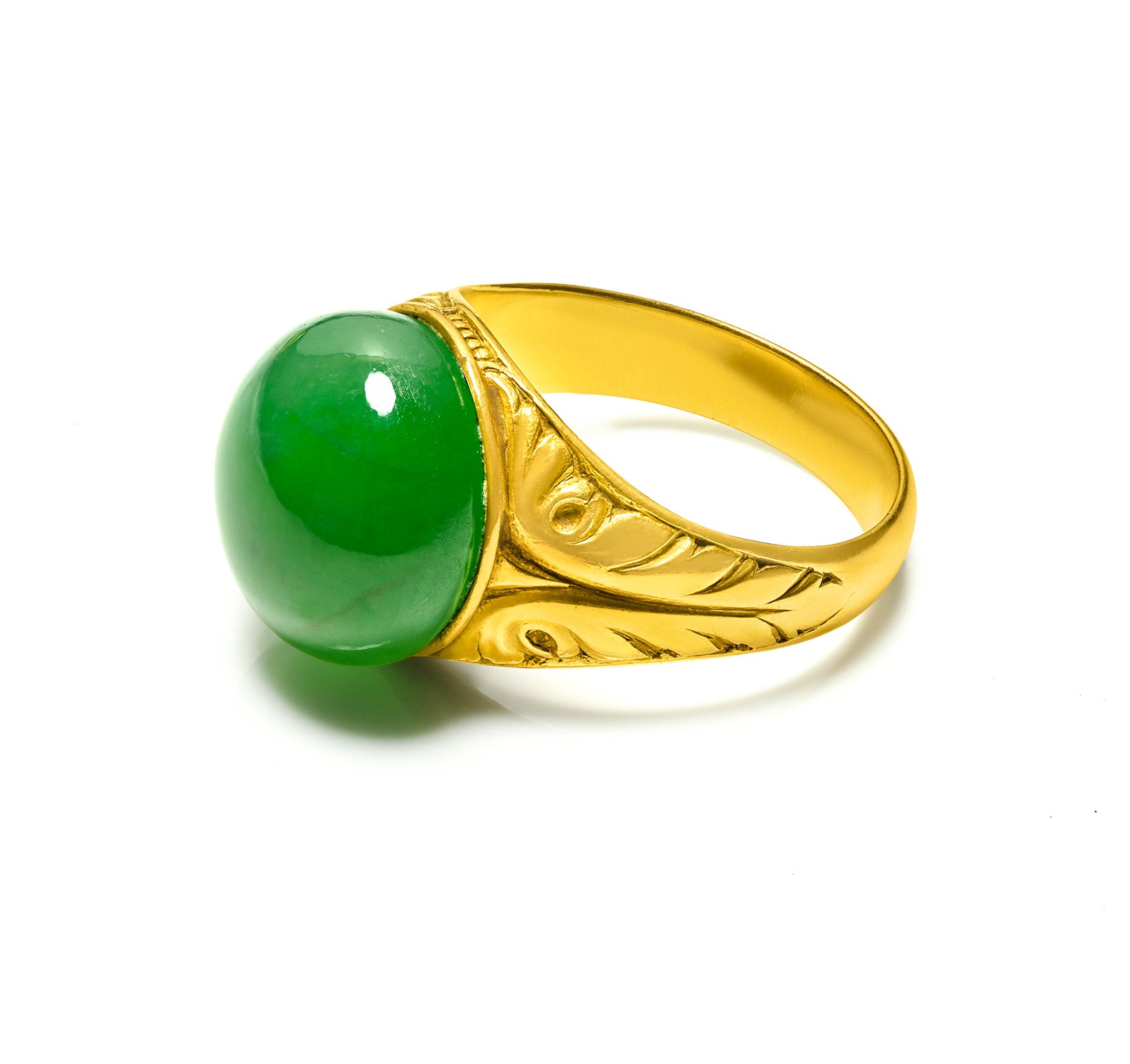 Antique Natural Jade Ring GIA Certificate in Carved Gold 