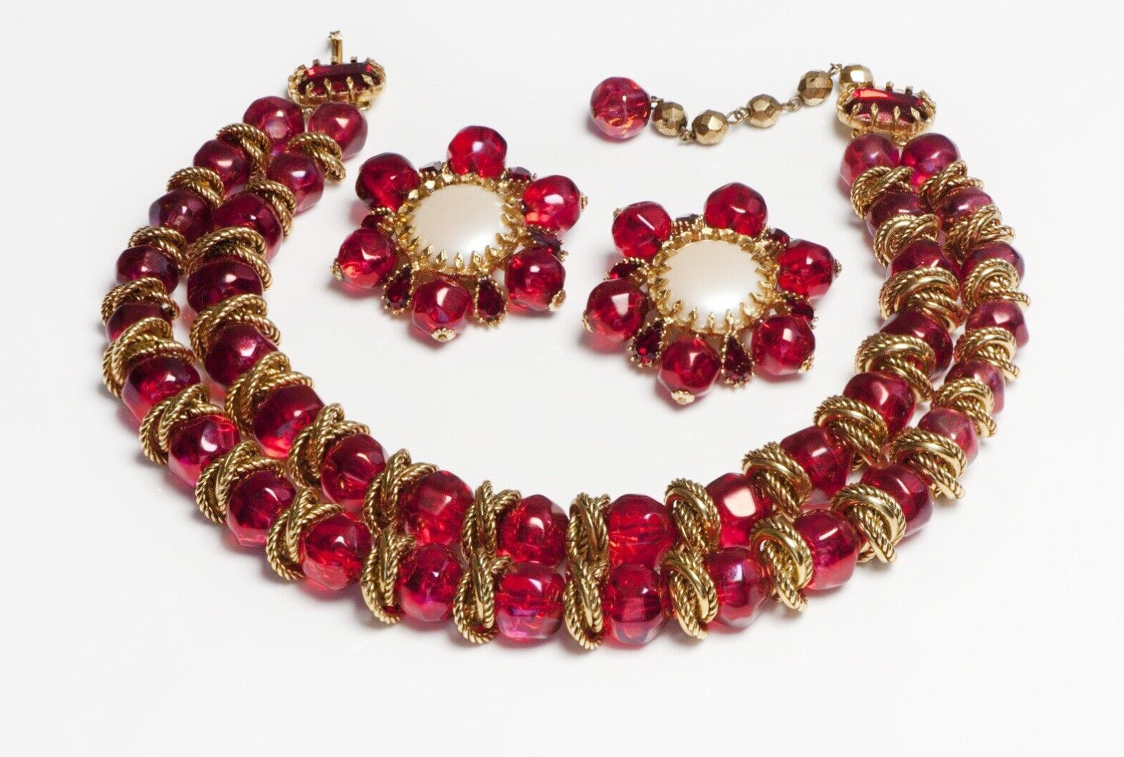 Jay Strongwater Red Lucite Beads Crystal Faux Pearl Earrings Necklace Set