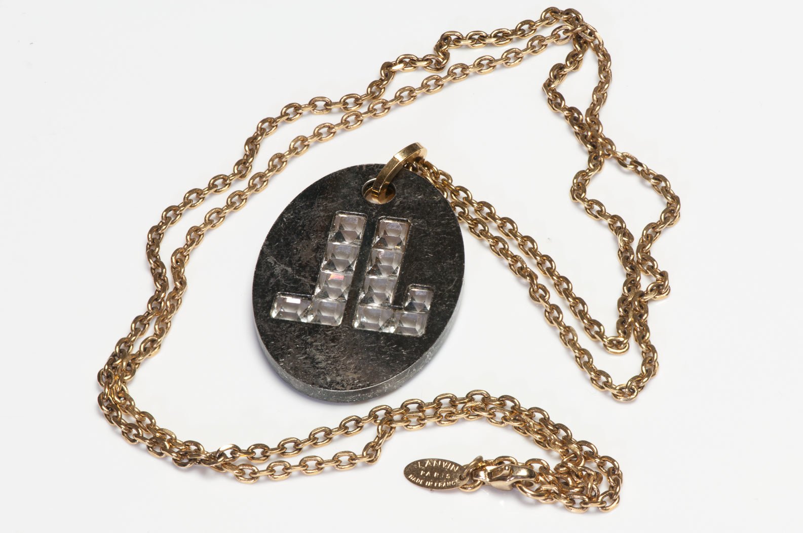 Jeanne Lanvin Paris Two Tone Crystal Logo Chain Pendant Necklace