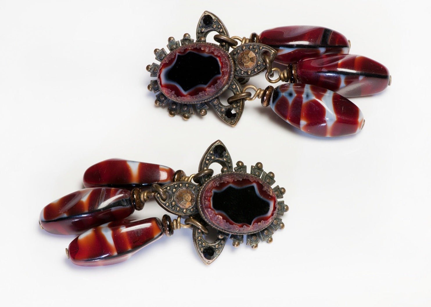 JL Blin Paris Burgundy Black Glass Beads Crystal Tassel Earrings